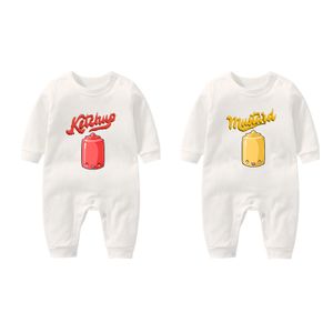 Ysculbutol baby bodysuit yummz tomat ketchup senap röd gul tvillingar sätta pojkar tjejer kläder tvillingar baby outfits lj201223