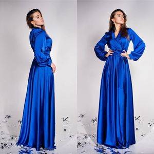 Neue Winter Royal Blue Seide Langarm Frauen Sexy V-ausschnitt Kimono Schwangere Party Nachtwäsche Bademantel Nachthemd Hochzeit Roben