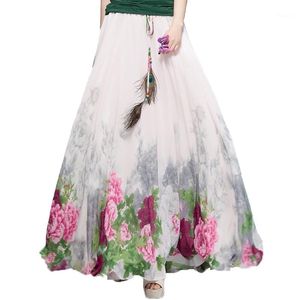 Kjolar Partihandel - 2021 Chiffon Bohemian Womens Summer Party Harajuku Skriv ut Tappning Mode Flower Etnic Boho Long Maxi Kjol Strand Kläder1