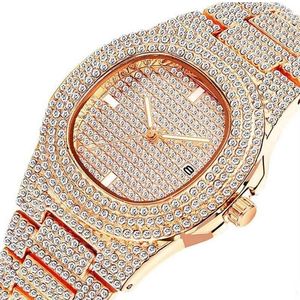 Hip Hop Iced Out Gold Color Color Watch Quartz Luxury Full Diamond Round Orologi Uomo Uomo in acciaio inox Dono orologio da polso 201119