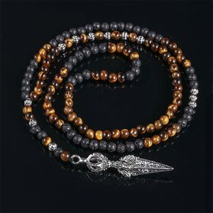 Natural Stone Necklace Men Retro Lava Bead Long Tiger Eye Skull/viking Pendants Necklaces Fashion Jewelry Kolye Hand Made 201014