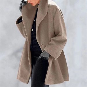 Sonbahar Kış Orta Uzun Gevşek Kapüşonlu Ceket Kadınlar Yeni Rahat Sokak Tarzı Katı Tek Düğme Yün Palto 201112