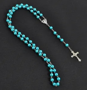 Necklace Unisex Long Christian Cross Beads Imitation Pearl European and American Sweater Chain