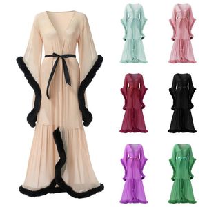 Women's Sleepwear Women Sexy Lingerie See-through Plush Trim Lace-up Flared Sleeve Tail Dress Comfortable Fashion Exotic Sets