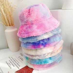 Fashion New Plush Bucket Hat for Women Girl Rainbow Tie Dye Soft Warm Fishman Cap Winter Lady Gifts 6 Colors M2953