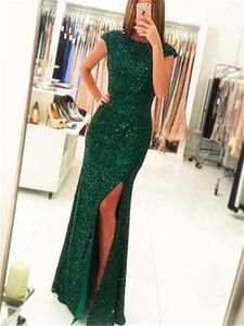 Moda Czapka Suknie Wieczorowe Suknie Dark Green Lace Cekiny Sexy Side Split Evening Party Dress na specjalne pojazdy