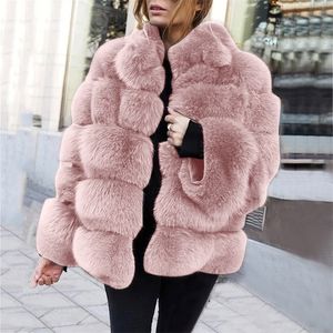 Norek Płaszcze Kobiety Winter Top Fashion Pink Faux Fur Coat Eleganckie Grube Ciepłe Odzieżowiec Fałszywy Futro Kurtka Chaquetas Mujer # 3 201019