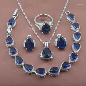 Brincos colar de jóias de casamento das mulheres azuis zircônia gota de água conjuntos anéis pulseira bracelete caixa de presente grátis yz02551