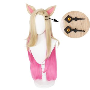 KDA Baddest Ahri Cosplay Wigs LOL KDA Cosplay Pink Wigs with Ears Headwear Heat Resistant Synthetic Hair