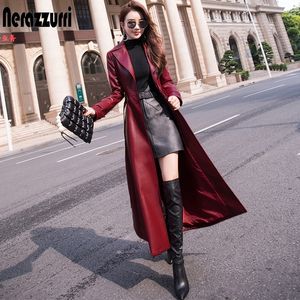 Nerazzurri Extra Long Leather Trench Coat för Kvinnor Passar och Flare Plus Storlek Faux Läderrockar 5XL 6XL Women Fall Fashion 210201