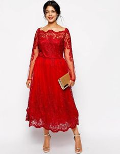 2022 Elegancka Długość Herbaty Czerwona Matka Panny Młodej Suknie Bateau Neck Koronki Długie Rękawy A Linia Kobiety Groom Mom Wedding Guest Suknie Plus Size Prom Party Sukienka wieczorowa