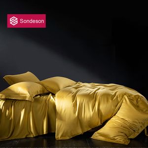 Sondeson Luxury Beauty Giallo 100% seta Set biancheria da letto Set copripiumino matrimoniale setoso Queen King Set lenzuolo federa Copripiumino T200826