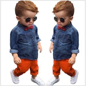 Primavera Autunno Ragazzi Set di abbigliamento Camicie da cowboy a maniche lunghe per bambini con papillon + pantaloni Set da 2 pezzi Completi da ragazzo per bambini