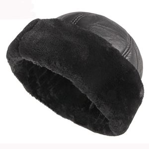 HT2824 Thick Warm Winter Hat Men Black Fur Leather Russian Bomber Hat Male Windproof Snow Ski Russian Cap Fleece Lined Dad Hat Y200110