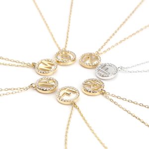 925 Sterling Silver Necklace Gold Color Round Initial Alphabet/ Capital Letter Clear Rhinestone Pendants Necklace 41cm,1 Piece Q0531