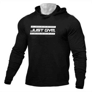 New Autumn Fitness Men T Shirt Casual Long Sleeve Slim Fit Mens Tops Tees Stretch Cotton T-shirt Gym Bodybuilding Hooded T Shirt G1222