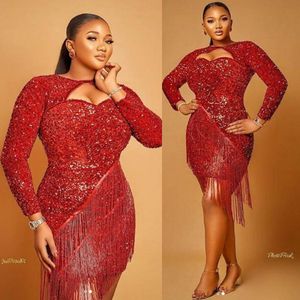 Aso Ebi African Plus Size Prom Dresses 2021 Red Sequined Long Sleeves Short Evening Gowns With Tassel S Zipper Back Formal Party