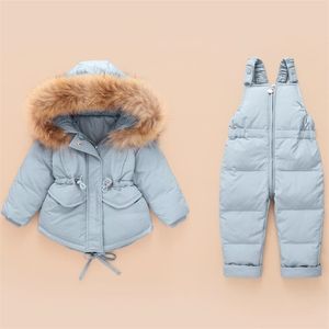 Barn Duck Down Coat Jacket + Jumpsuit Toddler Girl Boy Kläder Set Barn Snowsuits Vinter Outfit Suit Varma Baby Overaller 1-4Y LJ201017