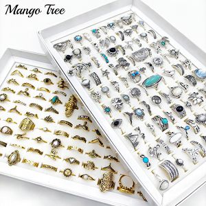 100 Pcs/Lot Bohemia Vintage Rings for Women and Girl Mix Silvery Golden Accessories Crown Butterfly Hollow Out Finger Ring Party Charm Fashion Jewelry Gift Wholesale