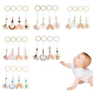 4 st / set baby play gym ram barnvagn hängande hängen trä ring teether molar tandvård nursing rattle leksaker gåvor spädbarn rum 220216