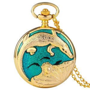 Luxury Yellow Gold Crocodile Pocket Watch Full Hunter Quartz Analog Klockor Med Arabiskt Nummer Halsband Kedja Samla