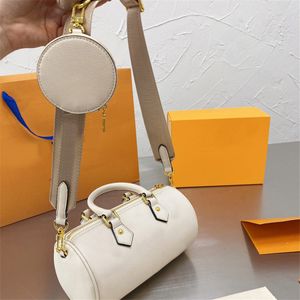 Designer-geprägte Kissentasche aus echtem Leder, Trommeltaschen, Patchwork-Farbe, Brief, Reißverschluss-Geldbörse, abnehmbare Handtasche mit breitem Riemen und runder Geldbörse
