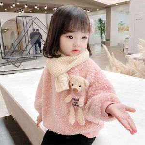 1 2 3 4 5 6 년 아기 소녀 스웨터 봄 가을 따뜻한 양털 탑스 귀여운 곰 풀오버 어린이 스웨터 유아 소녀 옷 220115