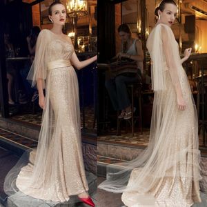 Glitter Golden One Shoulder Syrenki Suknie Wieczorowe Bling Sequined Wstążki Długie Formalne Wydarzenie Nosić 2021 New Prom Party Dress Suknie Recepcji