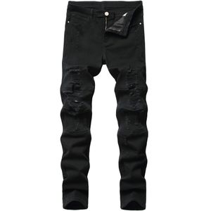 Męskie Czarne Dżinsy Zgrywanie Dżinsowych Spodnie Skinny Ołówki Otwory Złamane Biker Zwykły Solid