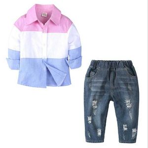 Meninos Bebê Outono Roupas Crianças Conjuntos de Moda Crianças Conjuntos de Crianças Conjunto de Roupas Patchwork Camisas Cor + Calças de Jeans Pants roupas