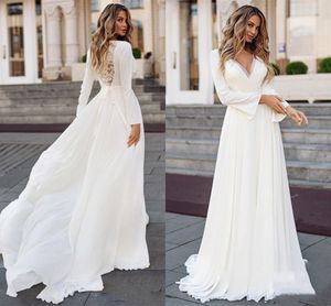 간단한 비치 쉬폰 웨딩 드레스 2024 긴 소매 보호 신부 가운 흰색 레이스 아플리케 웨딩 드레스 맞춤형 플러스 사이즈 V- 넥