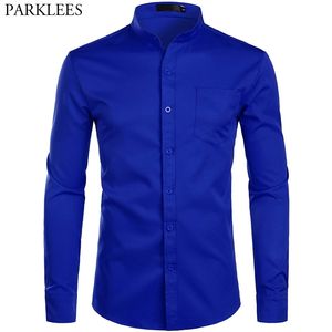 Camisa de camisa de vestido azul real dos homens marca faixada mandarim camisa de colarinho masculino manga longa botão casual camisa com bolso 2xl 201120
