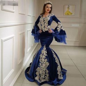 Koyu mavi Denizkızı Kadife Gelinlik Modelleri Fas Kaftan Altın Dantel Long'un kollu Flare Kol Abiye Giyim Custom Made Suudi Arapça Elbise
