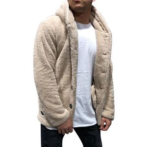 Mens Jackets Buttons Coat Warm Faux Winter Casual Loose Double-Sided Plush Hoodie Fluffy Fleece Fur Jacket Hoodies Outerwear