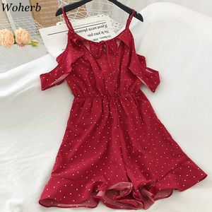 Woherb Women Red Jumpsuit Bandage Ruffles Romper Summer Sexy Off Shoulder Bodysuit Dot High Waist Playsuit Chiffon Overalls T200704