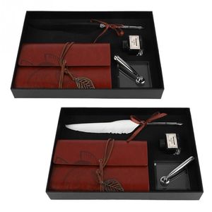 Retro Leather Notebook with Fountain Pen Feather Dip Pen Ink Bottle Set Stationery Gift Box Black White T200115