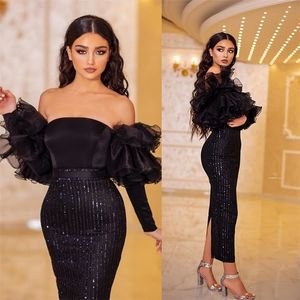 Newest Black Evening Dresses Glitter Sequins Prom Dresses Sexy Strapless Ruffles Custom Made Long Sleeves Mermaid Formal Party Gown