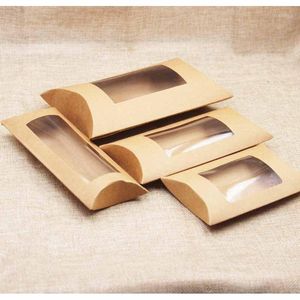 Geschenk Wrap Wholesale 50 teile / loskasten kraft papier kissen mit fenster transparent pvc boxen verpackung für süßigkeiten kosmetische schmuck