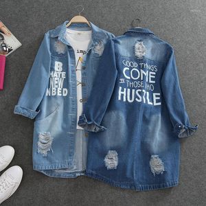 Women's Jackets Wholesale- Big Size Korean Women Holes BF Jeans Spring Autumn Denim Middle Long Loose Coat Ripped For Clothing 11721