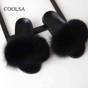 Summer Ladies Colorful Fox Fur Fluffy Slippers Women's Lovely Plush Real Fox Hair Slides Party Furry Flip Flops Women's Sandals W220218