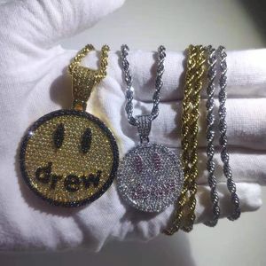 Hip Hop Rapper Full AAA CZ Zircon Ice Out Bling Drew Smiling Face Pendants Necklace for Men Women Lovers Jewelry Gold Color 201013