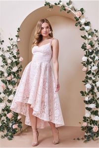 Simple Pink Lace High Low Prom Dresses For Women Girls Spaghetti Straps A Line Homecoming Graduation Special Occasion Dresses Short Front Long Back Evening Gowns