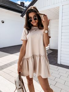 Sexy neues einfarbiges Damenkleid mit kurzen Ärmeln und Volants, lässige Mini-Baumwollkleider, Hemdrock, Größe S-2XL