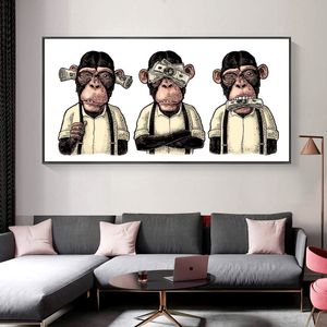 Tuval Boyama Üç Maymun Goril Para ile Posterler ve Baskılar Hayvan Resimleri Soyut Cuadros Duvar Sanatı Oturma Odası Modern Ev Dekor için