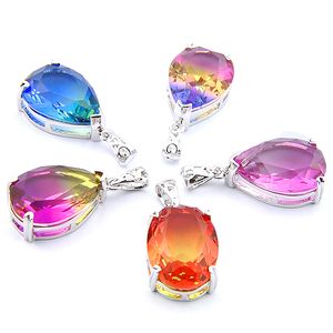 Mix 5pcs Rainbow New Luckyshine 925 Sterling Silver Drop Oval Bi-Colored Pink Tourmaline Ädelsten Halsband Pendants För Lady Party Gift