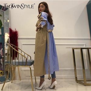Galcaur Striped Patchwork Windbreaker para mulheres manga comprida lace up trench casaco feminino coreano moda outono enorme 201211