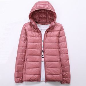 Spring Autumn Womens Jackets Ultra Thin Super Light Fashion Ladies Down Coats Red Pink Black Female Hooded Jacket Coats 4XL 201007