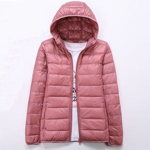 Vår höst kvinna jackor ultra tunna super ljus mode damer ner rockar röd rosa svart kvinnlig hooded jacka rockar 4xl 201007