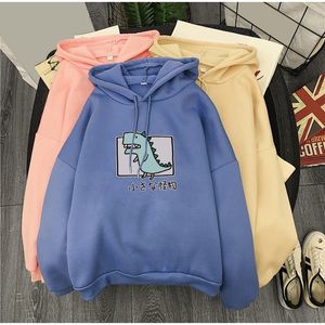 Primavera Outono Hoodies Mulheres Dinossauro Impresso Fleece Hoody Pullover Suor Femme Harajuku Mulheres Moletom Com Capuz Manga Longa 201203