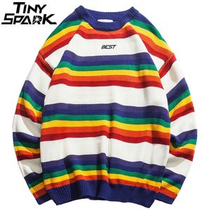 Harajuku Retro Rainbow Malha Sweater Striped Mens Hip Hop Pullover Sweater Streetwear Moda Moda Outono Camisola Algodão 201188